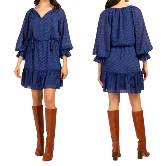 Trina Turk Viti Blue Mini Dress Peasant Boho Tiered Tassel Ruffle Medium New - Picture 1 of 15